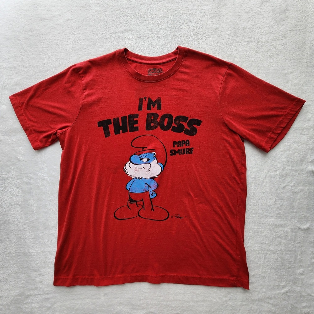 The Smurfs Papa Smurf I'm‎ The Boss T-Shirt Mens Large Red Graphic Tee Cartoon